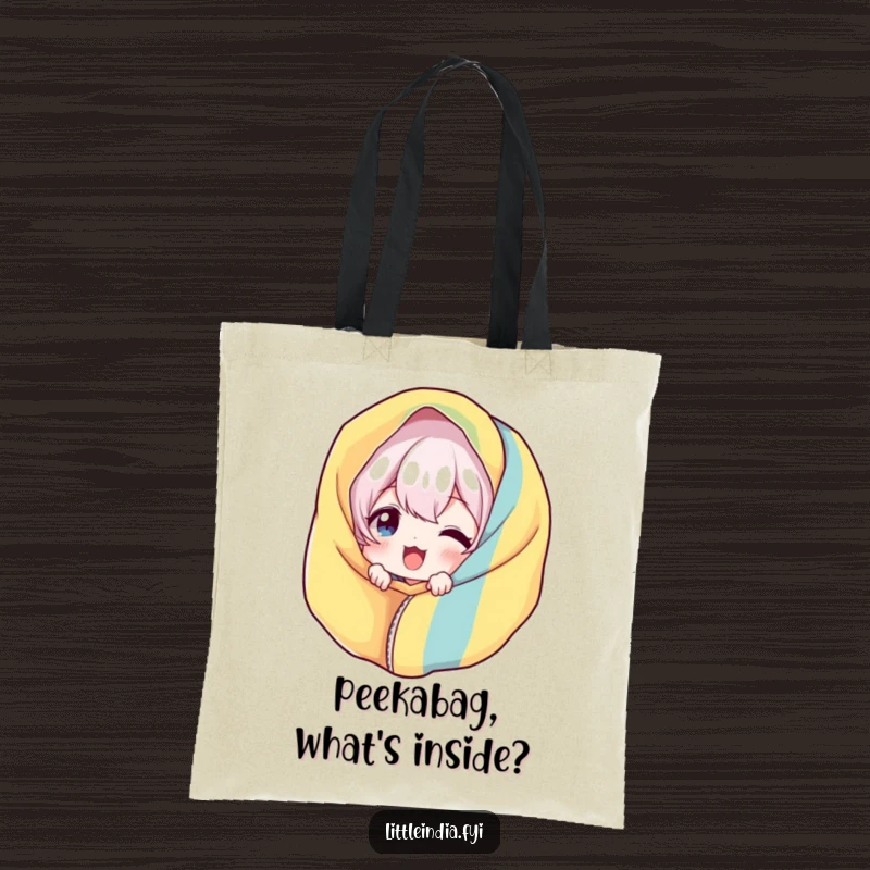 Funny Giggling Tote Bag: Character playfully peeking from behind a lively fabric, showcasing a cute and humorous design.
