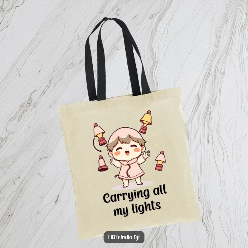 Funny tote bag showcasing a character in mid-air, juggling small lamps with a mischievous grin, perfect for a humorous shopper.