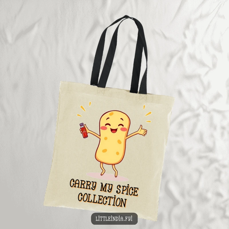 Funny Roti Canai Tote Bag featuring a dancing roti canai juggling miniature sambal bottles.