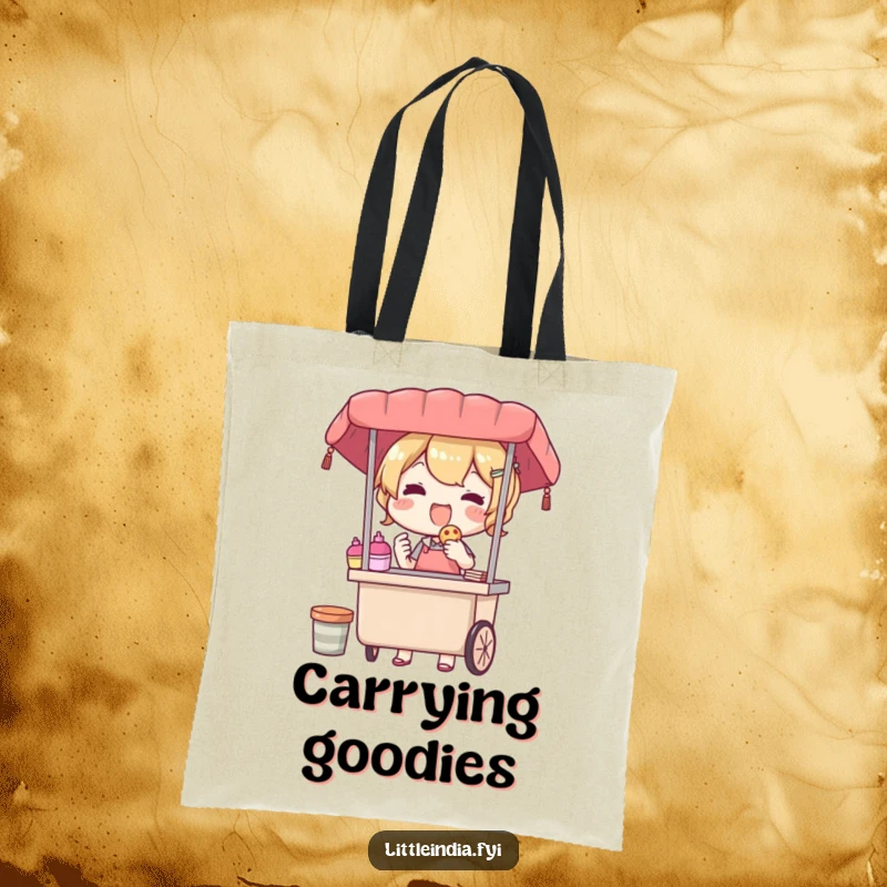 Funny tote bag with a delighted street vendor character offering a treat, a stylish accessory for carrying goods while spreading a warm, happy vibe.