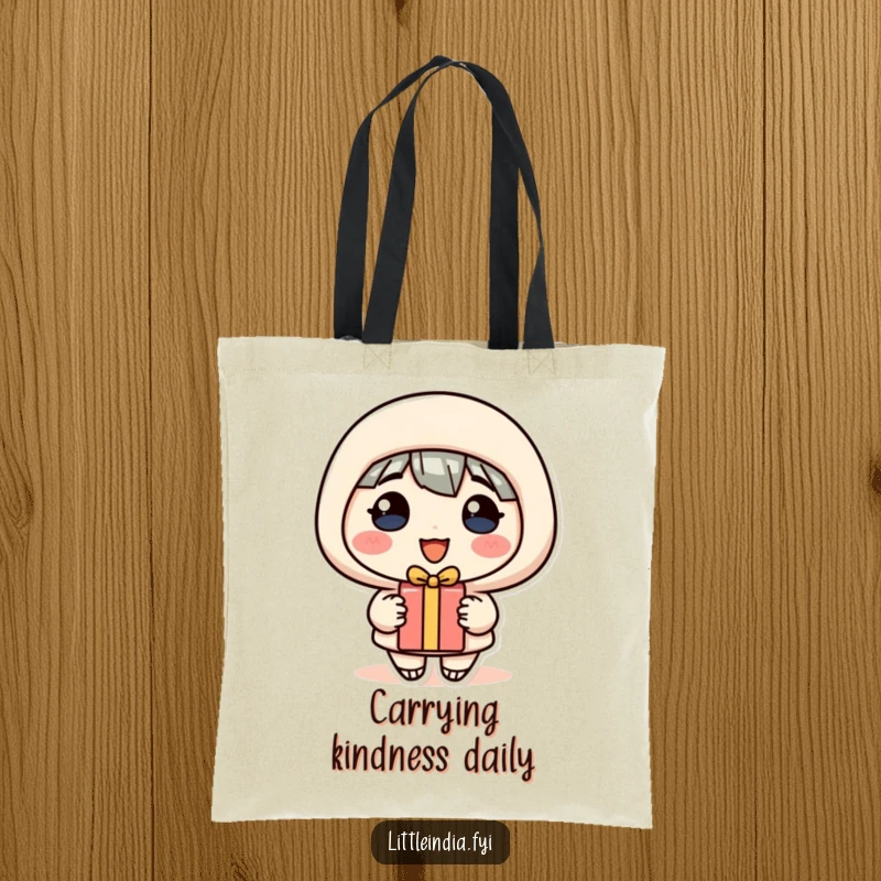 Funny Tote Bag: A cheerful character with a wide smile holds out a small gift, symbolizing kindness.