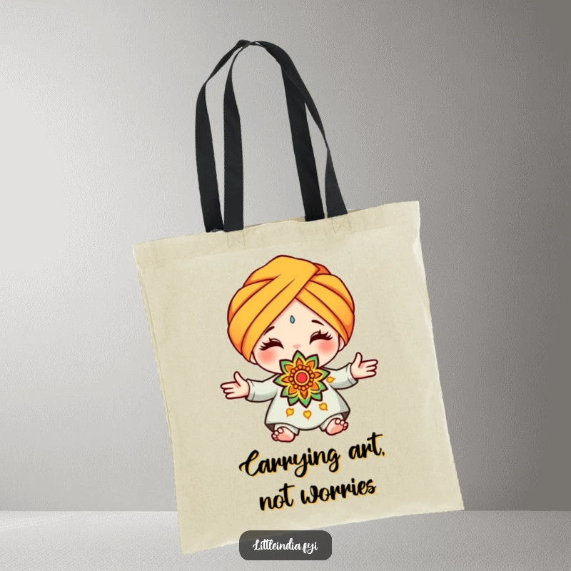 Funny turban rangoli tote bag showing a cute character wearing a turban, offering a vibrant and decorative rangoli pattern.
