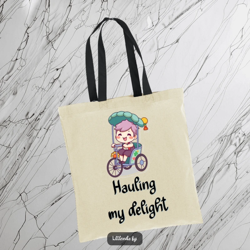 Funny tote bag featuring a character with a joyful, playful grin, riding a beautifully decorated rickshaw with enthusiasm.
