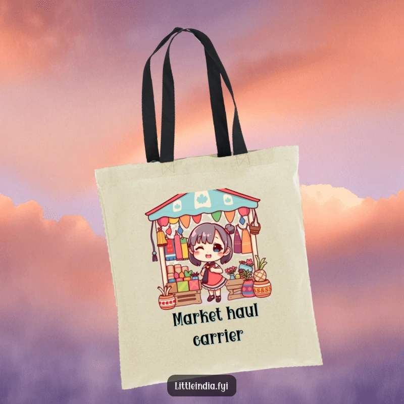 Funny tote bag with a delighted character decorating a market stall with a lively display of colorful textiles.