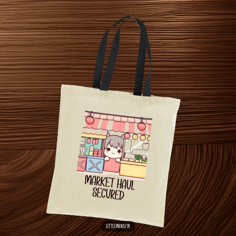 Funny tote bag with a playful character peeking from colorful market stalls, ideal for errands and gifts.