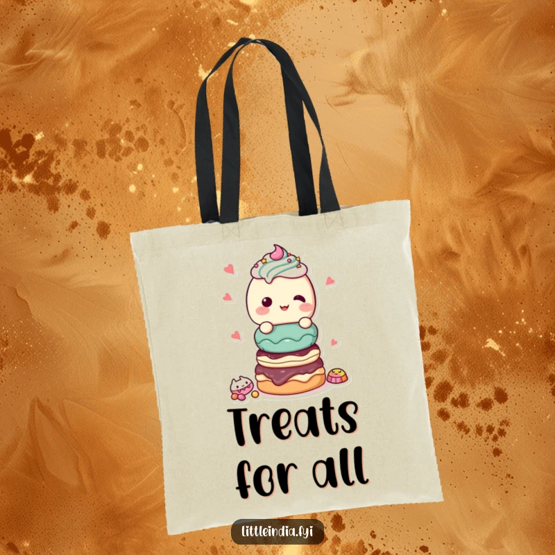 Funny Tote Bag: A giggling character with a tall stack of sweet treats, perfect for carrying everyday items.